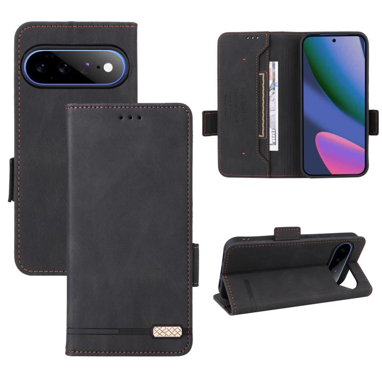 Black magnetic clasp leather phone case with folio cover, card slot, and kickstand