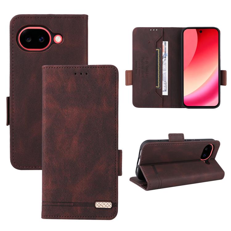 Brown leather folio phone case with magnetic clasp, card slot, and camera cutout