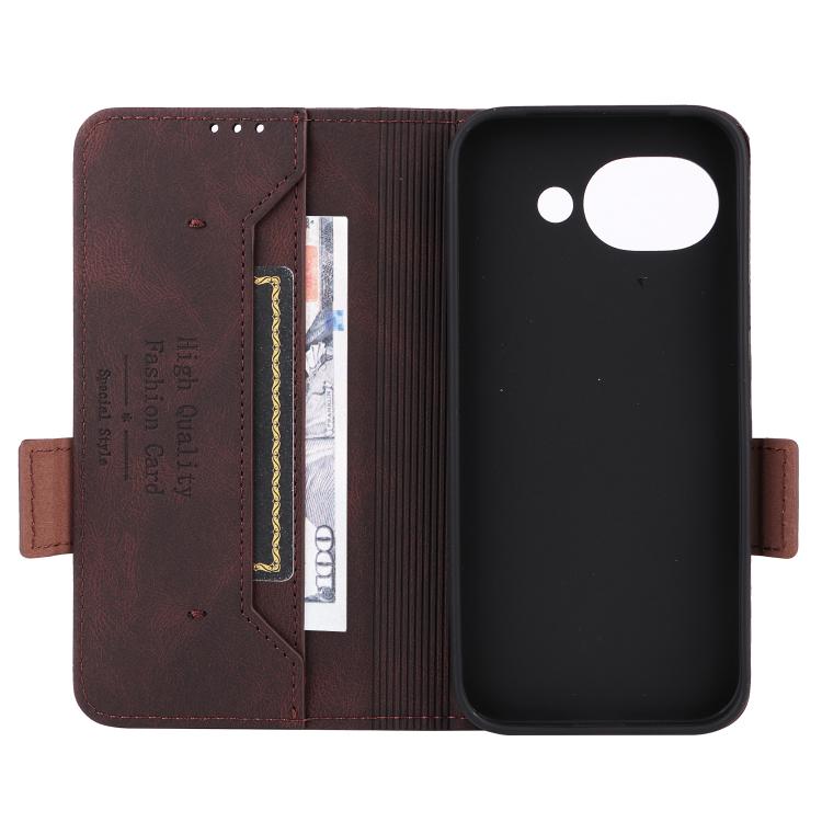 Brown leather folio phone case open view with card slots and camera cutout