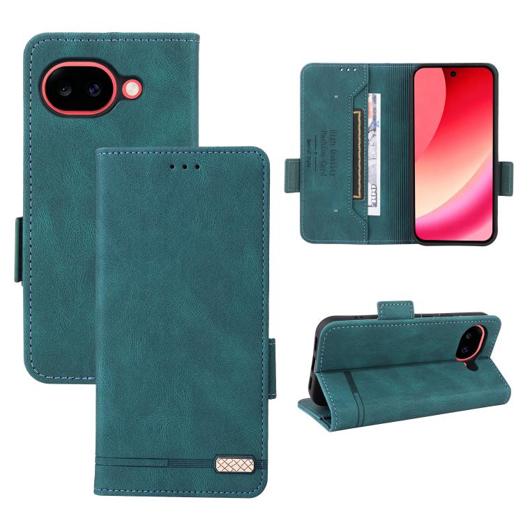Green leather folio phone case with magnetic clasp, card slot, and camera cutout