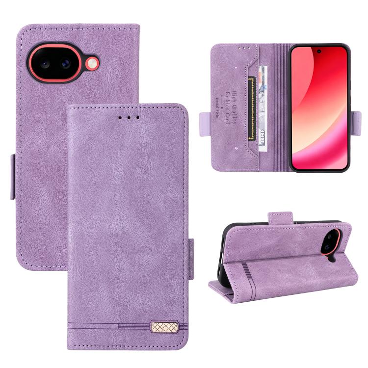 Purple leather folio phone case with magnetic clasp, card slot, and camera cutout