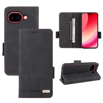 Black leather folio phone case with magnetic clasp, card slot, and camera cutout