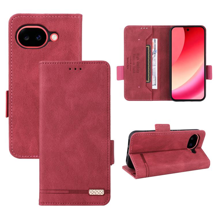 Red magnetic clasp leather phone case with folio cover, card slot, and kickstand