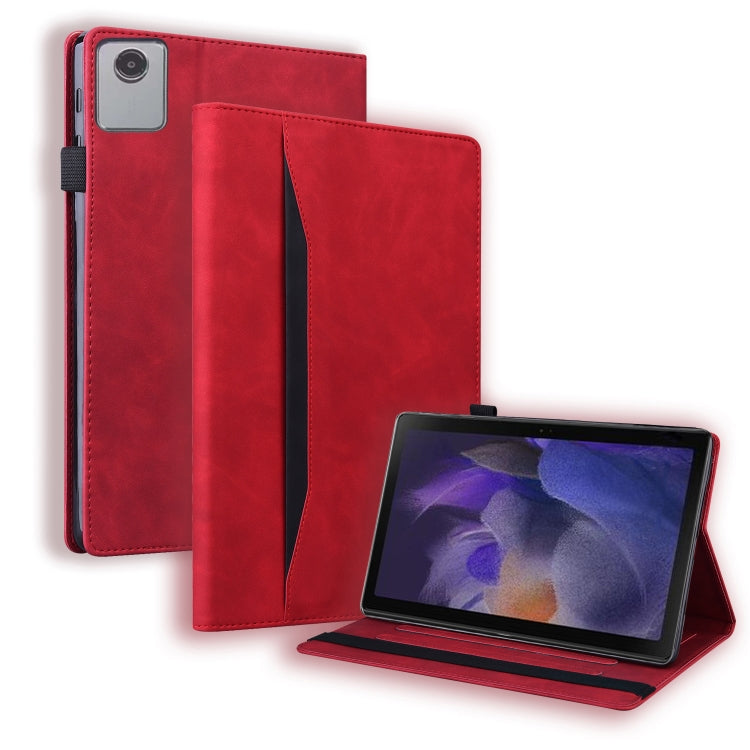 Red leather tablet case with horizontal flip cover and stand, shockproof design.