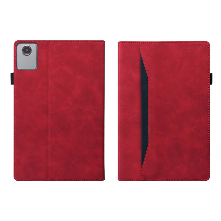 Red leather tablet case with camera cutout and horizontal flip cover, flat back view.