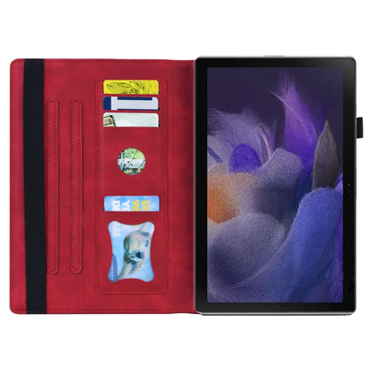 Red leather tablet case with interior card slots and horizontal flip cover.