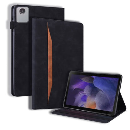 Black leather tablet case with horizontal flip cover, brown accent panel, tablet shown.