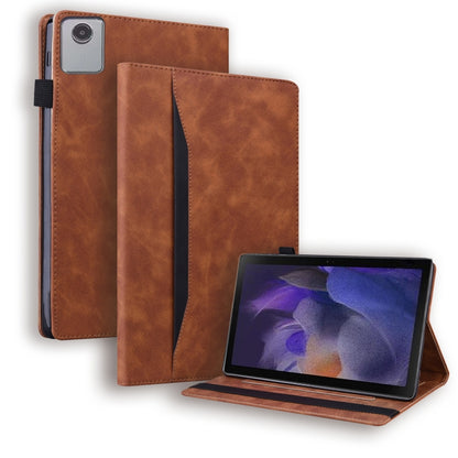 Brown leather tablet case with horizontal flip cover and stand, tablet shown.