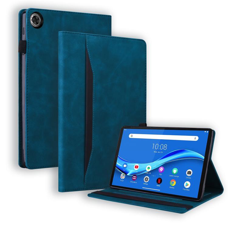 Blue leather tablet case with horizontal flip cover and stand, holds tablet upright