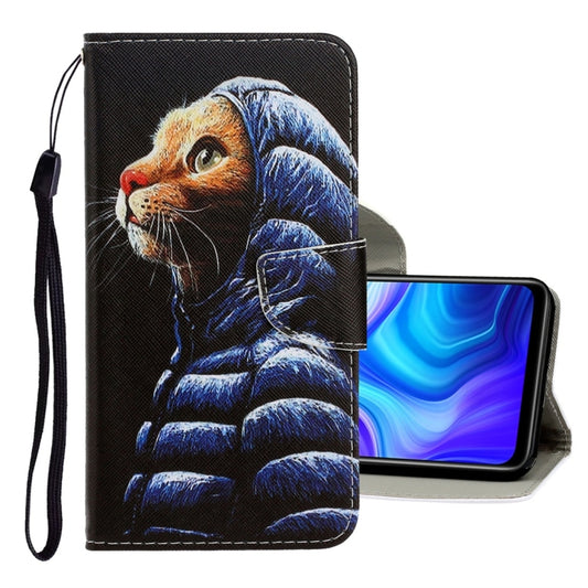 PU leather phone wallet case with horizontal flip cover and blue cat 3D illustration, wrist strap