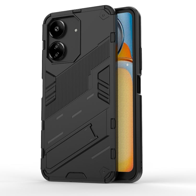 Black armored TPU phone case with rugged raised pattern and camera cutouts