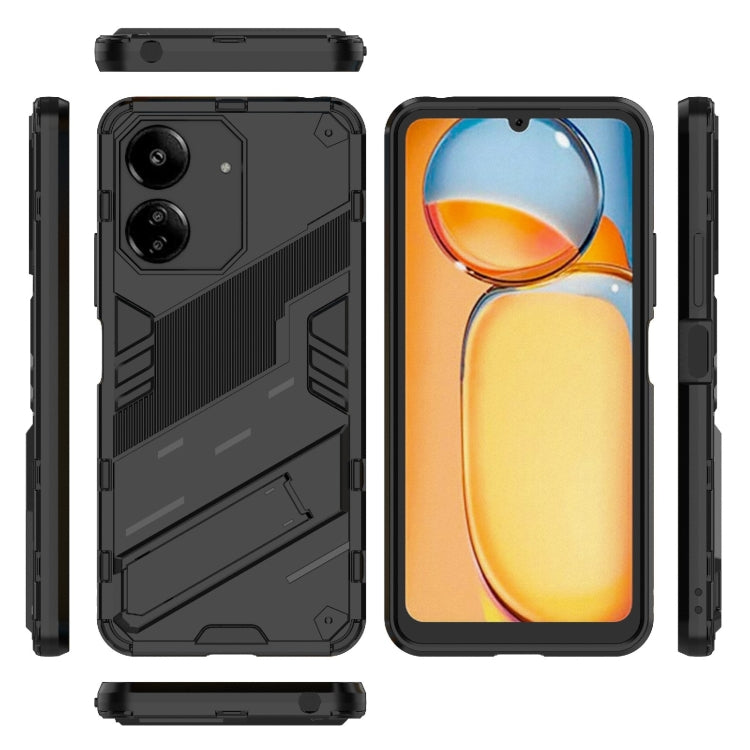 Black 2-piece armored phone case with front cover and built-in stand