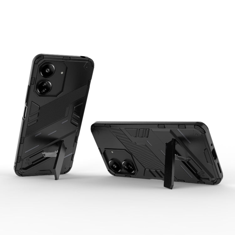Black armored TPU phone case with kickstand unfolded and camera cutouts