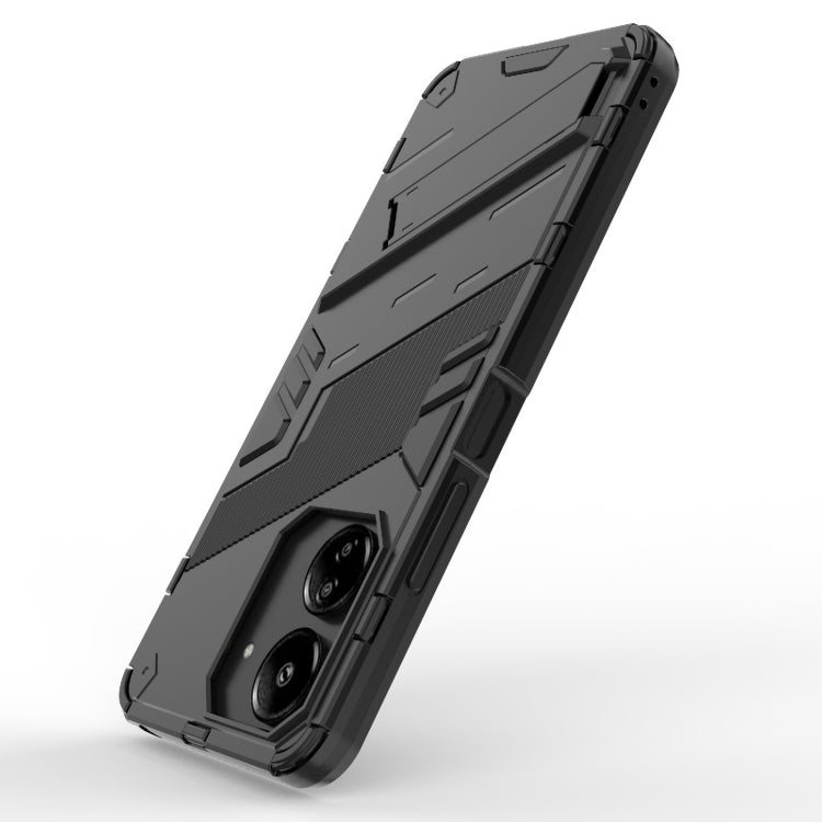 Black armored TPU phone case with rugged texture, camera openings, and grips
