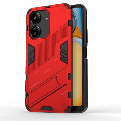 Red armored TPU phone case with rugged raised pattern and camera cutouts