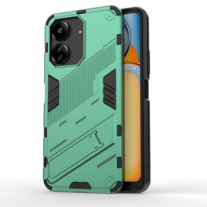 Green armored TPU phone case with rugged raised pattern and camera cutouts