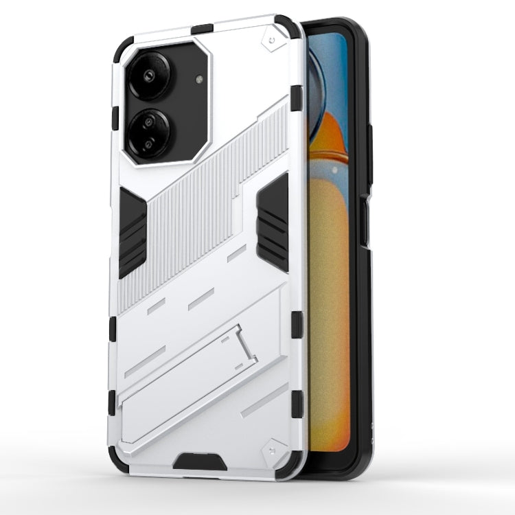 White armored TPU phone case with rugged raised pattern and camera cutouts
