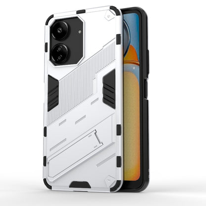 White armored TPU phone case with rugged raised pattern and camera cutouts