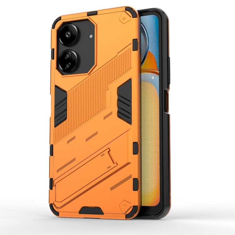 Orange shockproof rugged phone case with reinforced corners and camera cutouts