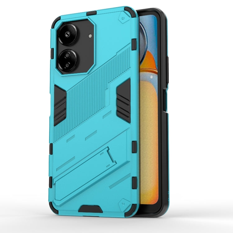 Teal rugged phone case with raised edges, reinforced corners, and camera cutouts