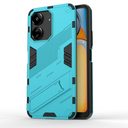 Teal rugged phone case with raised edges, reinforced corners, and camera cutouts
