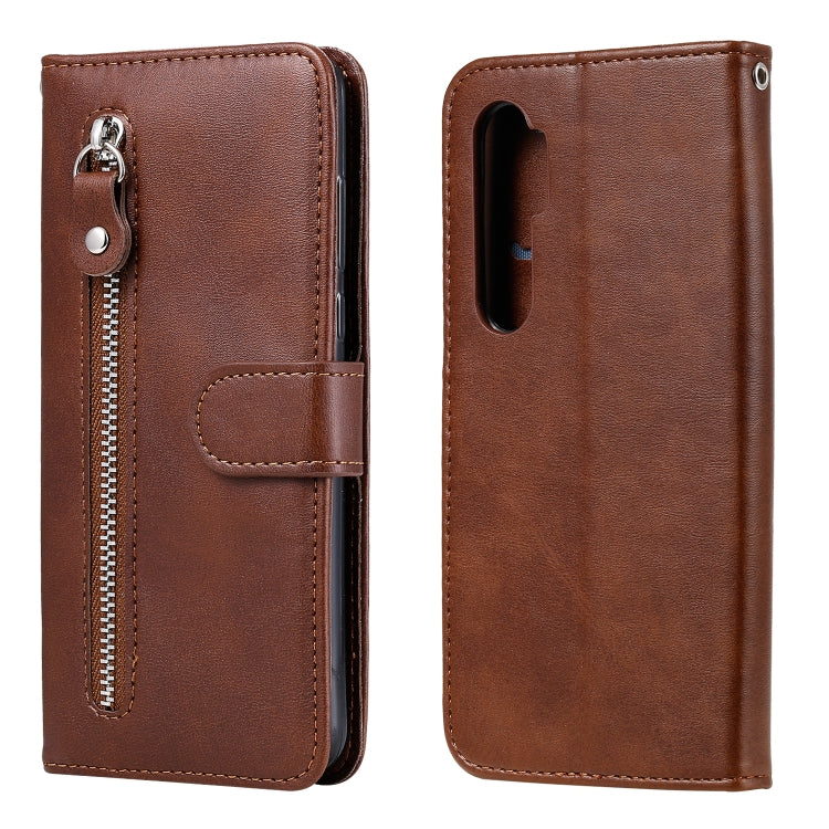 Brown leather phone wallet case with horizontal zipper and flip stand