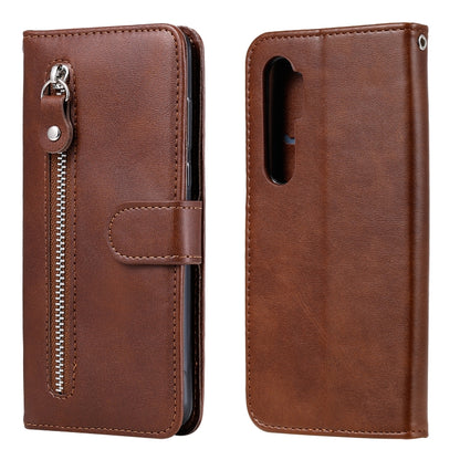 Brown leather phone wallet case with horizontal zipper and flip stand