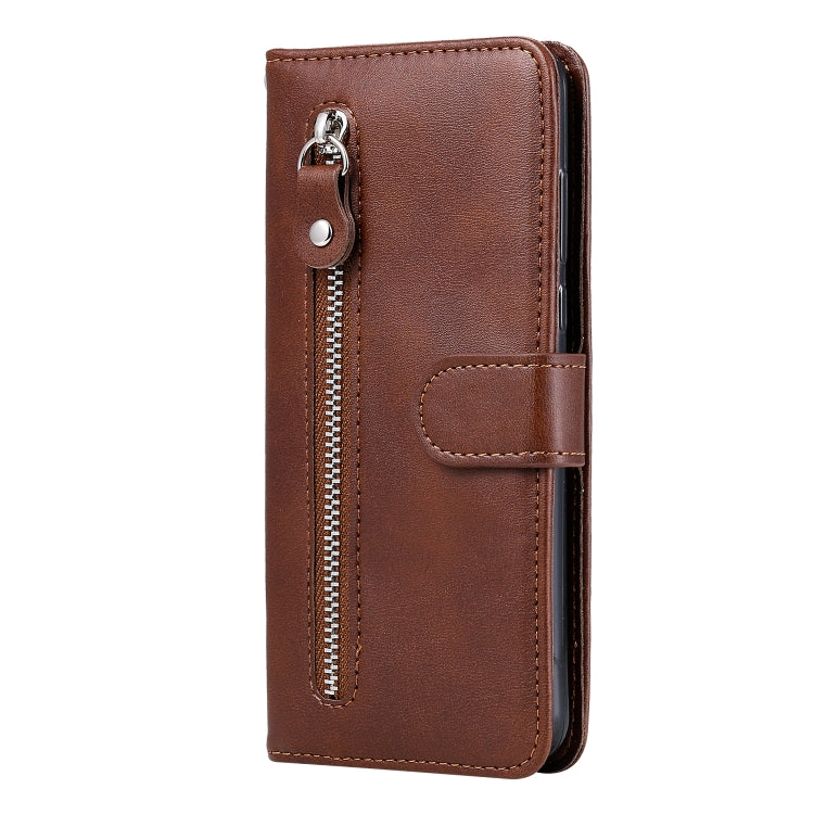 Brown leather folio case with zipper pocket and fold-over card holder strap