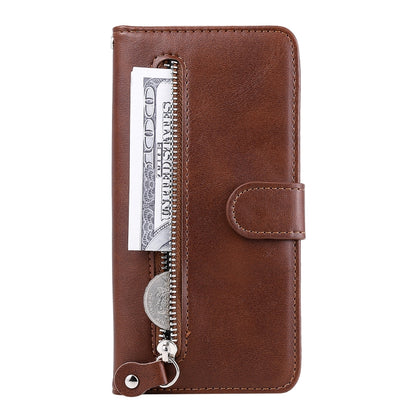 Brown leather wallet case with zipper compartment and snap keyring