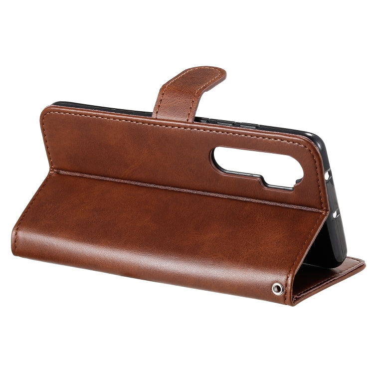 Brown leather flip stand phone case with large cutout and viewing notch