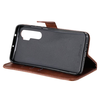 Brown leather folio phone case with kickstand and side cutout opening