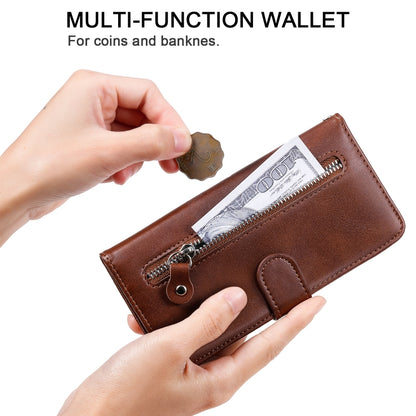 Brown leather wallet phone case with zipper coin pocket and card slot