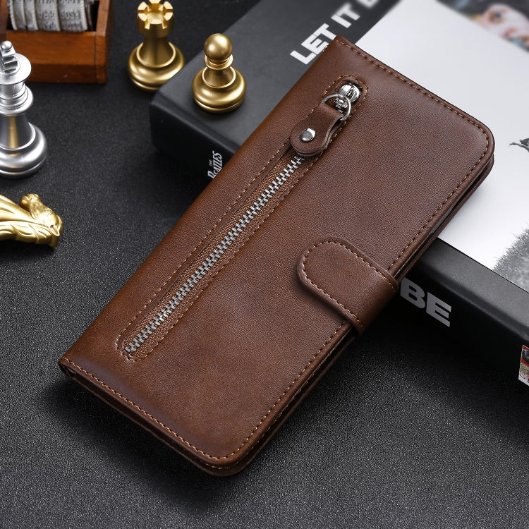 Brown leather phone wallet case with zipper closure and card slot panel