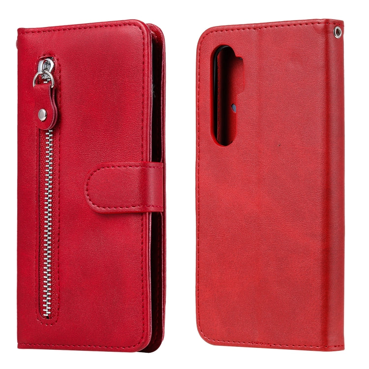 Red leather-style phone wallet case with zipper pocket, card slot and flip stand cover