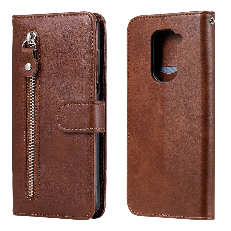 Brown leather-style phone wallet case with zipper pocket, card slot and flip stand