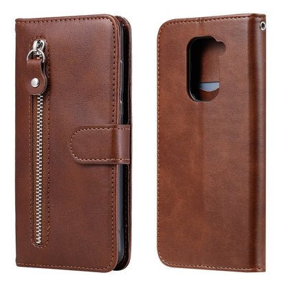 Brown leather-style phone wallet case with zipper pocket, card slot and flip stand