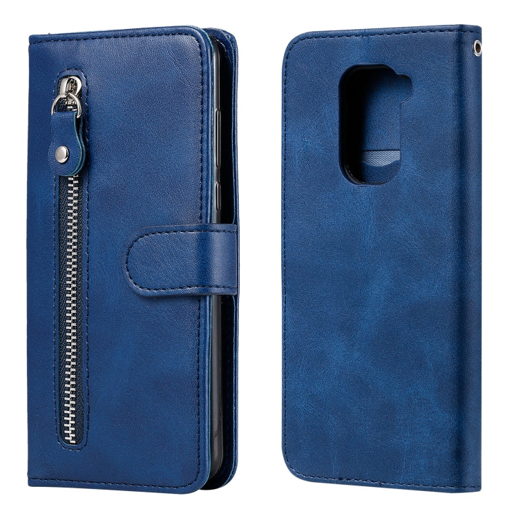 Blue leather-style phone wallet case with zipper pocket, card slot and flip stand cover