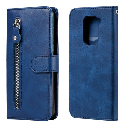 Blue leather-style phone wallet case with zipper pocket, card slot and flip stand cover