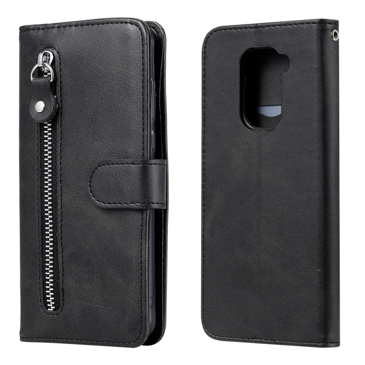 Black leather-style phone wallet case front and back with zipper pocket and card slot
