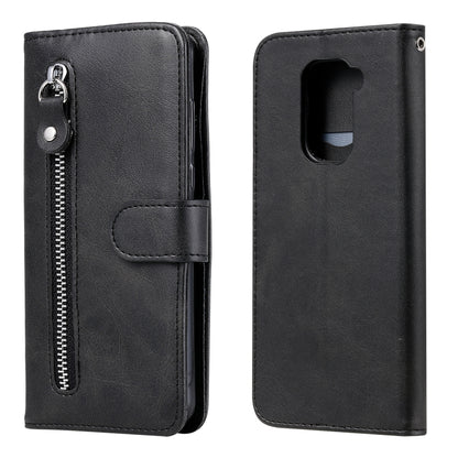 Black leather-style phone wallet case front and back with zipper pocket and card slot
