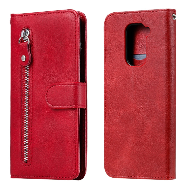 Red leather-style phone wallet case front and back with zipper pocket and card slot