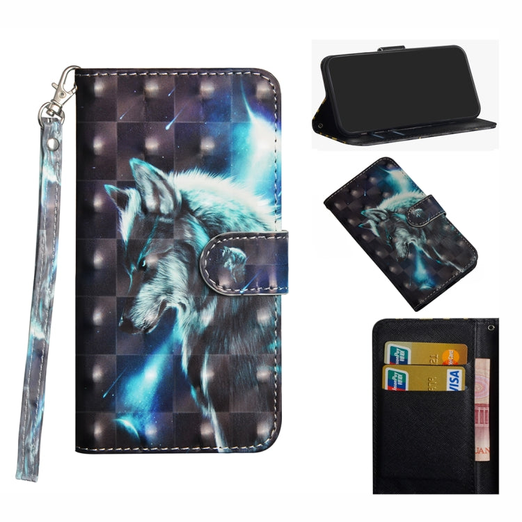 Blue wolf portrait flip wallet phone case with wrist strap, card slots, magnetic stand