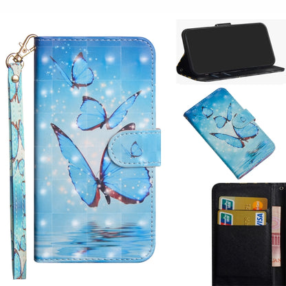 Phone wallet case with wrist strap, folding stand, blue butterfly print, card slots