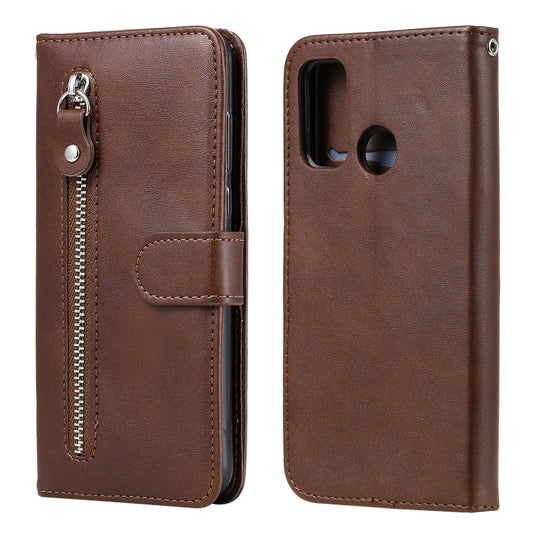 Brown leather flip phone case with zipper, card slot, and cutouts for camera and speaker