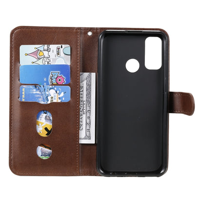 Brown leather wallet phone case with card slots and stand-ready flip cover
