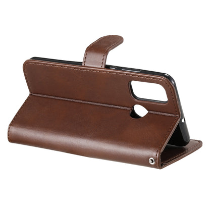 Brown leather folio flip phone case with viewing stand flap and front window cutout