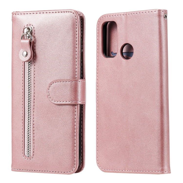 Rose gold leather flip phone wallet case with zipper pocket and card holder flap.