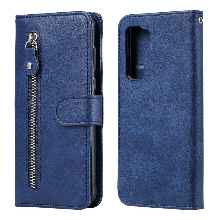 Blue leather flip phone wallet case with zipper pocket and phone camera cutout.