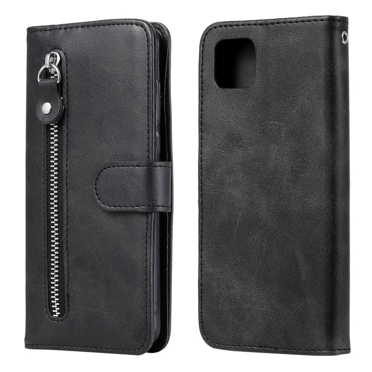 Black leather flip phone wallet case with zipper pocket and card slot, camera cutout.