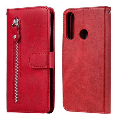 Red leather flip phone case with zipper, wallet flap and camera/speaker cutouts.